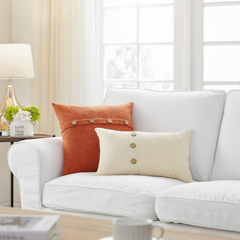 Meekio Set of 2 Fall Pillow Covers 20 x 20 Burnt Orange Pillow Covers with Coconut Buttons Fall Decorations for Home - Image 4